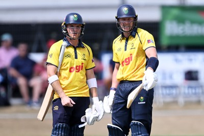 240726 - Glamorgan v Yorkshire - Metro Bank One Day Cup Men - Timm Van Der Gugten of Glamorgan and Alex Horton of Glamorgan