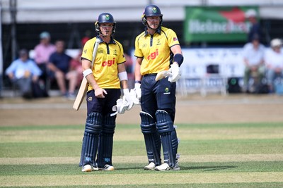 240726 - Glamorgan v Yorkshire - Metro Bank One Day Cup Men - Timm Van Der Gugten of Glamorgan and Alex Horton of Glamorgan