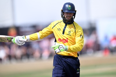 240726 - Glamorgan v Yorkshire - Metro Bank One Day Cup Men - Eddie Byrom of Glamorgan hits a ball high and it is caught by Dom Bess of Yorkshire