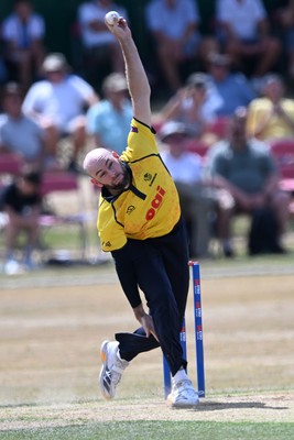 240726 - Glamorgan v Yorkshire - Metro Bank One Day Cup Men - Jamie Mcilroy of Glamorgan bowling