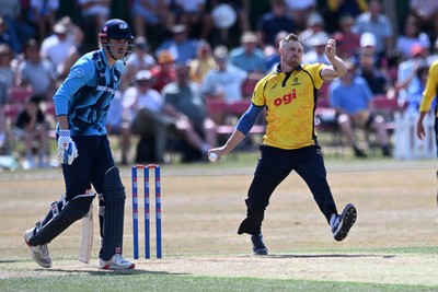 240726 - Glamorgan v Yorkshire - Metro Bank One Day Cup Men - Dan Douthwaite of Glamorgan bowling