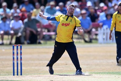 240726 - Glamorgan v Yorkshire - Metro Bank One Day Cup Men - Dan Douthwaite of Glamorgan bowling