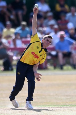 240726 - Glamorgan v Yorkshire - Metro Bank One Day Cup Men - Andy Gorvin of Glamorgan bowls the ball to dismiss George Hill of Yorkshire