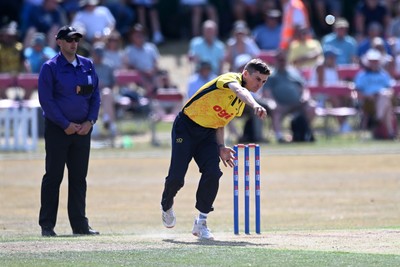 240726 - Glamorgan v Yorkshire - Metro Bank One Day Cup Men - Andy Gorvin of Glamorgan bowling
