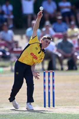 240726 - Glamorgan v Yorkshire - Metro Bank One Day Cup Men - Andy Gorvin of Glamorgan bowling