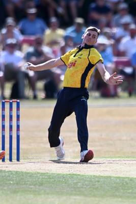 240726 - Glamorgan v Yorkshire - Metro Bank One Day Cup Men - Andy Gorvin of Glamorgan bowling