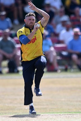 240726 - Glamorgan v Yorkshire - Metro Bank One Day Cup Men - Dan Douthwaite of Glamorgan bowling
