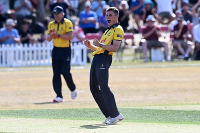 240726 - Glamorgan v Yorkshire - Metro Bank One Day Cup Men - Andy Gorvin of Glamorgan celebrates after he bowls the ball to dismiss Dom Bess of Yorkshire