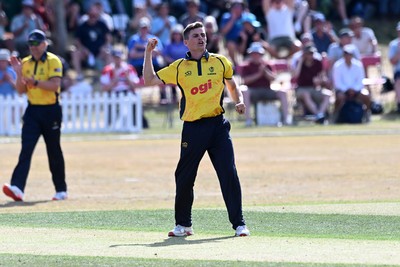 240726 - Glamorgan v Yorkshire - Metro Bank One Day Cup Men - Andy Gorvin of Glamorgan celebrates after he bowls the ball to dismiss Dom Bess of Yorkshire