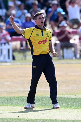 240726 - Glamorgan v Yorkshire - Metro Bank One Day Cup Men - Andy Gorvin of Glamorgan celebrates after he bowls the ball to dismiss Dom Bess of Yorkshire