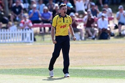 240726 - Glamorgan v Yorkshire - Metro Bank One Day Cup Men - Andy Gorvin of Glamorgan celebrates after he bowls the ball to dismiss Dom Bess of Yorkshire