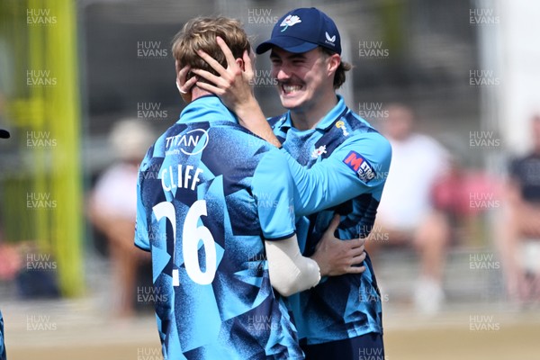 240726 - Glamorgan v Yorkshire - Metro Bank One Day Cup Men - Ben Cliff of Yorkshire celebrates with team mates after he catches the ball to dismiss Henry Hurle of Glamorgan