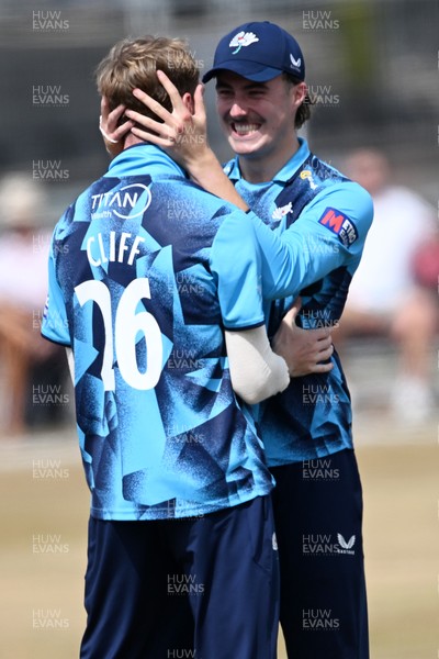 240726 - Glamorgan v Yorkshire - Metro Bank One Day Cup Men - Ben Cliff of Yorkshire celebrates with team mates after he catches the ball to dismiss Henry Hurle of Glamorgan