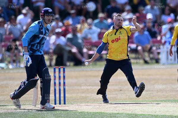 240726 - Glamorgan v Yorkshire - Metro Bank One Day Cup Men - Dan Douthwaite of Glamorgan bowling