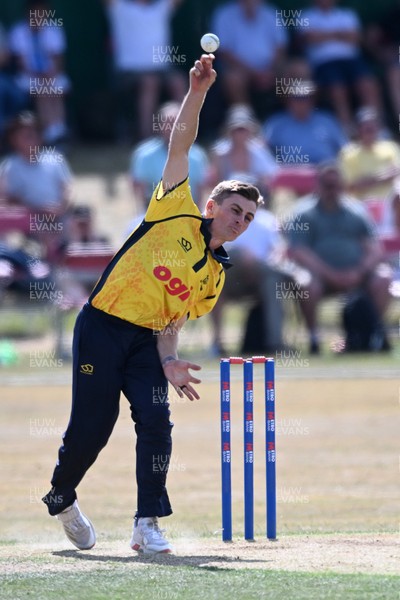 240726 - Glamorgan v Yorkshire - Metro Bank One Day Cup Men - Andy Gorvin of Glamorgan bowling