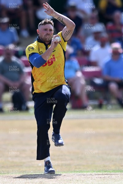 240726 - Glamorgan v Yorkshire - Metro Bank One Day Cup Men - Dan Douthwaite of Glamorgan bowling