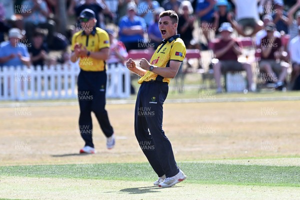 240726 - Glamorgan v Yorkshire - Metro Bank One Day Cup Men - Andy Gorvin of Glamorgan celebrates after he bowls the ball to dismiss Dom Bess of Yorkshire