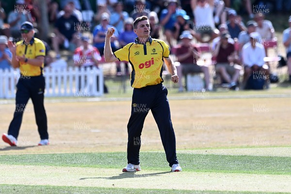 240726 - Glamorgan v Yorkshire - Metro Bank One Day Cup Men - Andy Gorvin of Glamorgan celebrates after he bowls the ball to dismiss Dom Bess of Yorkshire