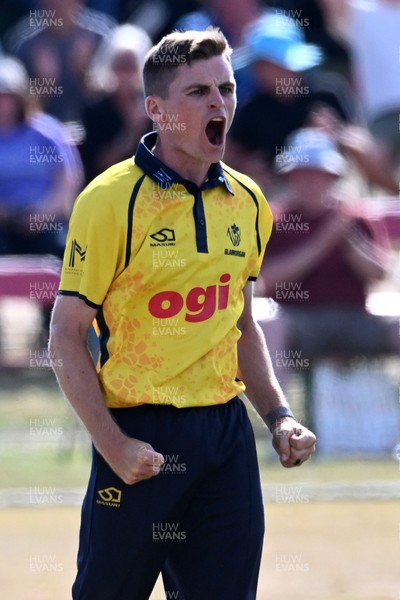 240726 - Glamorgan v Yorkshire - Metro Bank One Day Cup Men - Andy Gorvin of Glamorgan celebrates after he bowls the ball to dismiss Dom Bess of Yorkshire
