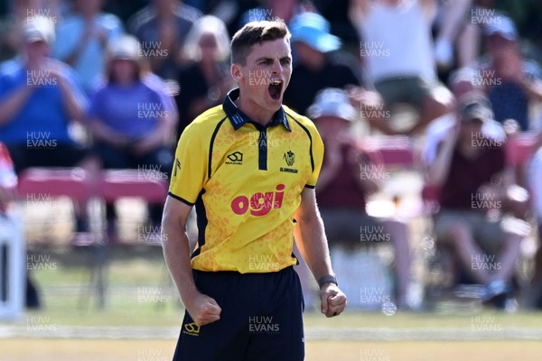 240726 - Glamorgan v Yorkshire - Metro Bank One Day Cup Men - Andy Gorvin of Glamorgan celebrates after he bowls the ball to dismiss Dom Bess of Yorkshire