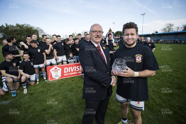 130419 - Glamorgan Wanderers v Cambrian Welfare - WRU League East Central 1 - WRU's Dave Young presents the trophy to Captain Aaron Fowler