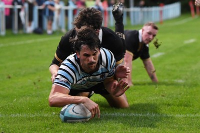 040926 - Glamorgan Wanderers v Mountain Ash - Championship East - Anthony Cox of Glamorgan dives over to score a try