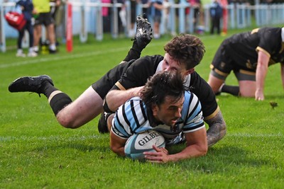 040926 - Glamorgan Wanderers v Mountain Ash - Championship East - Anthony Cox of Glamorgan dives over to score a try