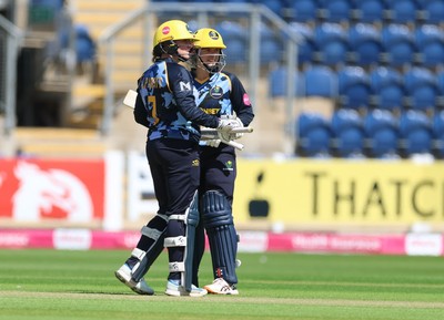 230526 - Glamorgan Women v Derbyshire Falcons Women, Vitality Blast Women League 2 - Lauren Parfitt of Glamorgan Women and Daisy Jeanes of Glamorgan Women open the batting