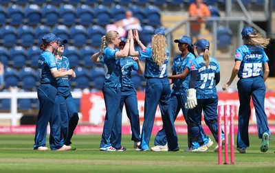 230526 - Glamorgan Women v Derbyshire Falcons Women, Vitality Blast Women League 2 - Derbyshire celebrate as they take the wicket of Lauren Parfitt of Glamorgan Women