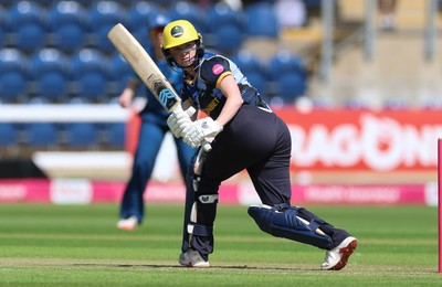 230526 - Glamorgan Women v Derbyshire Falcons Women, Vitality Blast Women League 2 - Bethan Ellis of Glamorgan Women plays a shots