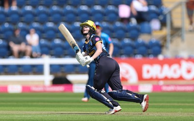 230526 - Glamorgan Women v Derbyshire Falcons Women, Vitality Blast Women League 2 - Bethan Ellis of Glamorgan Women plays a shots