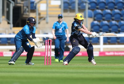 230526 - Glamorgan Women v Derbyshire Falcons Women, Vitality Blast Women League 2 - Bethan Ellis of Glamorgan Women is bowled by Adrianna Darlow