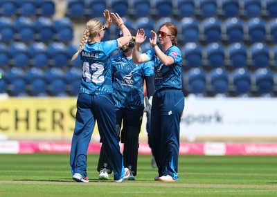 230526 - Glamorgan Women v Derbyshire Falcons Women, Vitality Blast Women League 2 - Derbyshire celebrate as Bethan Ellis of Glamorgan Women is bowled by Adrianna Darlow