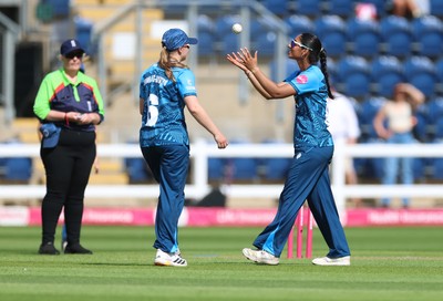 230526 - Glamorgan Women v Derbyshire Falcons Women, Vitality Blast Women League 2 - Liv Baker of Derbyshire Falcons Women celebrates after she bowls and catches Amy Wheeler of Glamorgan Women