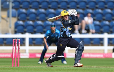 230526 - Glamorgan Women v Derbyshire Falcons Women, Vitality Blast Women League 2 - Daisy Jeanes of Glamorgan Women plays a shot