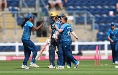 230526 - Glamorgan Women v Derbyshire Falcons Women, Vitality Blast Women League 2 - Rhiannon Knowling-Davies of Derbyshire Falcons Women celebrates after taking a hat-trick of wickets in the final over