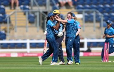 230526 - Glamorgan Women v Derbyshire Falcons Women, Vitality Blast Women League 2 - Rhiannon Knowling-Davies of Derbyshire Falcons Women celebrates after taking a hat-trick of wickets in the final over