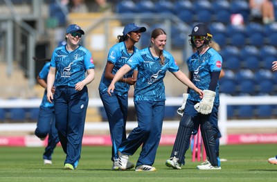 230526 - Glamorgan Women v Derbyshire Falcons Women, Vitality Blast Women League 2 - Rhiannon Knowling-Davies of Derbyshire Falcons Women celebrates after taking a hat-trick of wickets in the final over