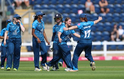 230526 - Glamorgan Women v Derbyshire Falcons Women, Vitality Blast Women League 2 - Rhiannon Knowling-Davies of Derbyshire Falcons Women celebrates after taking a hat-trick of wickets in the final over