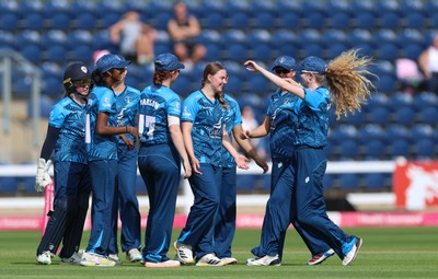 230526 - Glamorgan Women v Derbyshire Falcons Women, Vitality Blast Women League 2 - Rhiannon Knowling-Davies of Derbyshire Falcons Women celebrates after taking a hat-trick of wickets in the final over