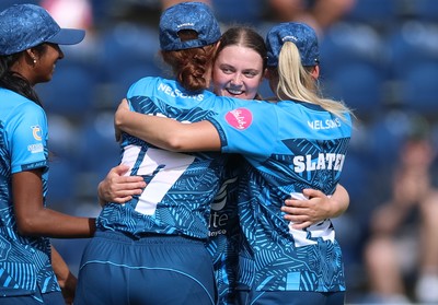 230526 - Glamorgan Women v Derbyshire Falcons Women, Vitality Blast Women League 2 - Rhiannon Knowling-Davies of Derbyshire Falcons Women celebrates after taking a hat-trick of wickets in the final over