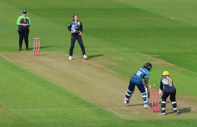 230526 - Glamorgan Women v Derbyshire Falcons Women, Vitality Blast Women League 2 - Katy Cobb of Glamorgan Women celebrates after she bowls out Malisha Tennakoon of Derbyshire Falcons Women