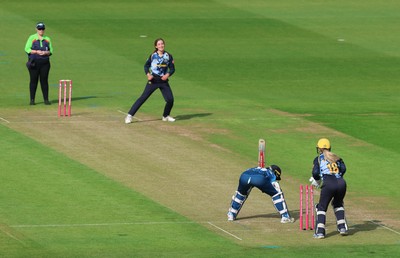 230526 - Glamorgan Women v Derbyshire Falcons Women, Vitality Blast Women League 2 - Katy Cobb of Glamorgan Women celebrates after she bowls out Malisha Tennakoon of Derbyshire Falcons Women