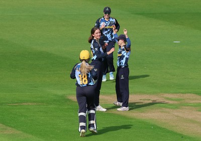 230526 - Glamorgan Women v Derbyshire Falcons Women, Vitality Blast Women League 2 - Katy Cobb of Glamorgan Women celebrates after she bowls out Malisha Tennakoon of Derbyshire Falcons Women