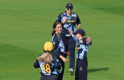 230526 - Glamorgan Women v Derbyshire Falcons Women, Vitality Blast Women League 2 - Katy Cobb of Glamorgan Women celebrates after she bowls out Malisha Tennakoon of Derbyshire Falcons Women