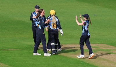 230526 - Glamorgan Women v Derbyshire Falcons Women, Vitality Blast Women League 2 - Katy Cobb of Glamorgan Women celebrates after she bowls out Malisha Tennakoon of Derbyshire Falcons Women