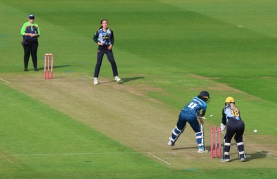 230526 - Glamorgan Women v Derbyshire Falcons Women, Vitality Blast Women League 2 - Katy Cobb of Glamorgan Women celebrates after she bowls out Malisha Tennakoon of Derbyshire Falcons Women