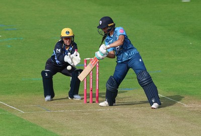 230526 - Glamorgan Women v Derbyshire Falcons Women, Vitality Blast Women League 2 - Prisha Bedi of Derbyshire Falcons Women plays a shot