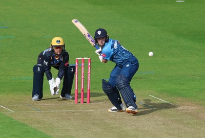230526 - Glamorgan Women v Derbyshire Falcons Women, Vitality Blast Women League 2 - Rhiannon Knowling-Davies of Derbyshire Falcons Women plays a shot