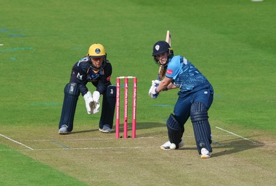 230526 - Glamorgan Women v Derbyshire Falcons Women, Vitality Blast Women League 2 - Rhiannon Knowling-Davies of Derbyshire Falcons Women plays a shot
